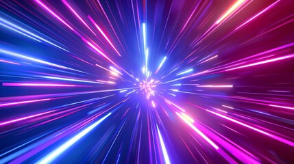 Bright neon streaks of light in purple and blue hues on a transparent background