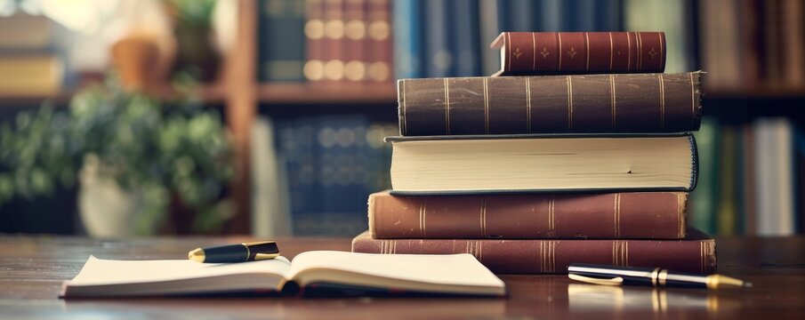 Law books stacked on lawyers desk, open notebook, pen beside, traditional office setting, legal research and writing, focused and detailed, copy space.