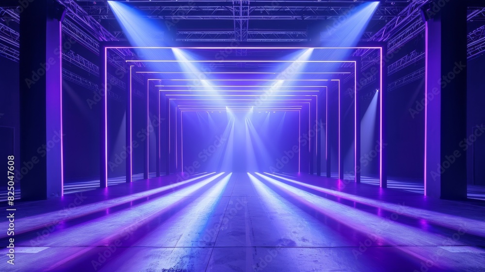 Poster an empty room illuminated by bright lights and beams, creating a stark and striking atmosphere