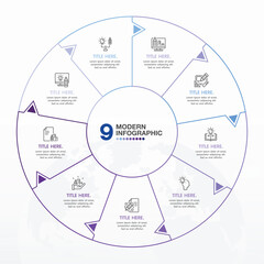 Blue tone circle infographic with 9 steps, process or options.
