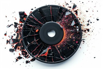 Top view of a broken compact disc pieces isolated on a white surface