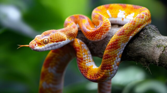An image of a corn snake wrapped around a sturdy branch.