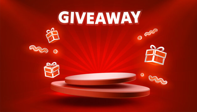 Giveaway neon podium, shop mega discount, special promo frame. Vector illustration