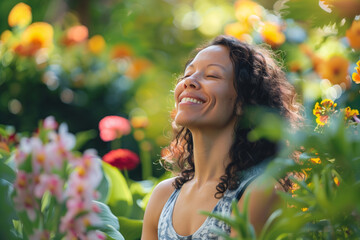 A woman smiling as she practices mindfulness meditation in a peaceful garden, surrounded by colorful flowers and lush greenery.