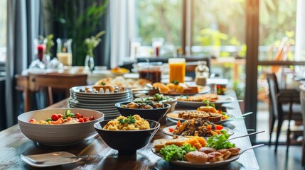 Fototapeta premium Elegant hotel dining room set for breakfast, buffet table with variety of dishes, stylish decor, natural light, inviting and delicious, sophisticated ambiance, copy space.