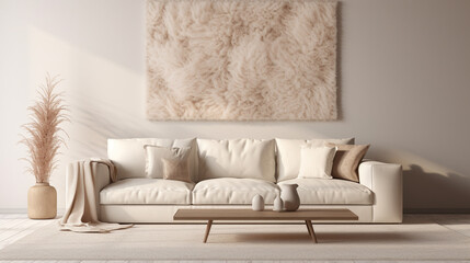 A mix of textures with a plush shaggy rug beneath a modern beige sofa set, accompanied by a glass coffee table and a blank empty white frame mockup.