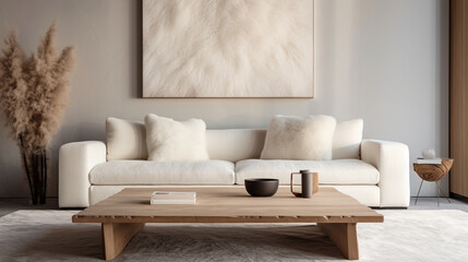 A mix of textures with a plush shaggy rug beneath a modern beige sofa set, accompanied by a glass coffee table and a blank empty white frame mockup.