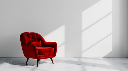 Red velvet armchair on white wall , generative ai