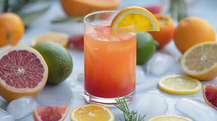 Fresh juice in a glass with many citrus fruits, colorful and tasty