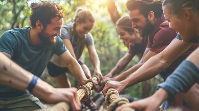 A group of friends participating in a team-building exercise, working together to overcome obstacles and strengthen their bonds.