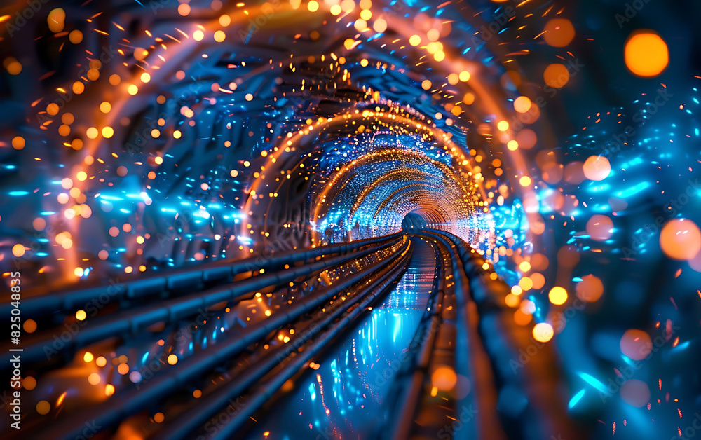 Poster futuristic digital scene depicting rapid data transfer and connectivity, with a tunnel of blue and o