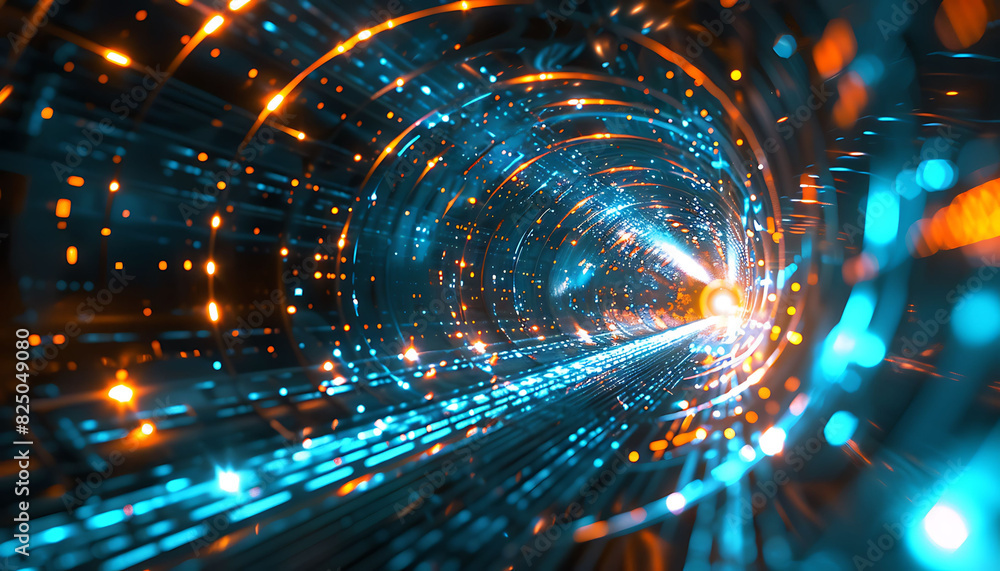 Poster Abstract visual of high-speed broadband connectivity, showcasing a dynamic tunnel of blue and orange lights, representing the rapid flow of data and advanced digital technology