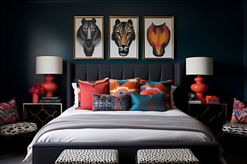A modern bedroom infused with geometrically patterned, jewel-toned throw pillows against a backdrop of rich, dark navy walls, striking a perfect balance of boldness and sophistication.
