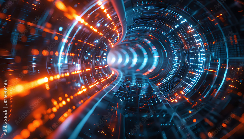 Aufkleber Abstract visual of high-speed broadband connectivity, showcasing a dynamic tunnel of blue and orange lights, representing the rapid flow of data and advanced digital technology