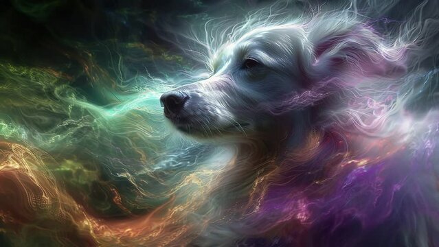 motion animation of a dog with colorful lights surrounding it