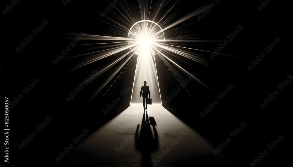 Poster a person walking towards a bright light in the shape of a keyhole at the end of a dark tunnel. the p