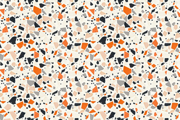 Seamless terrazzo pattern with orange, black, and beige fragments, perfect for flooring and interior design