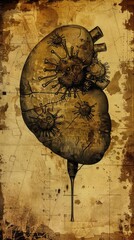 Fototapeta premium Hepatitis depicted as dark shadows spreading through a liver, Steampunk Style, Sepia Tone, Illustration, Representing viral infection