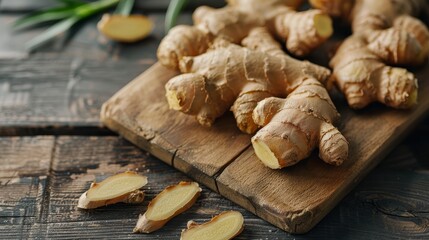Fresh ginger roots on a rustic wooden table, cutting board beside, natural light