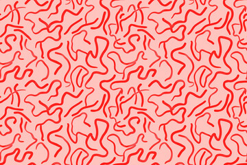 Seamless abstract pattern with red wavy lines on a pink background, ideal for textiles and wallpaper