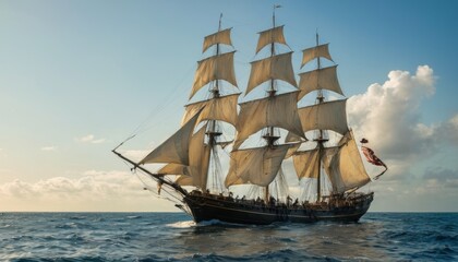 A tall ship sails gracefully on the ocean, its sails full and proud against the clear sky.
