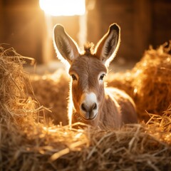 A cute donkey in a cozy hay-filled barn, bathed in warm light. Ideal for agricultural and rural-themed stock photography.