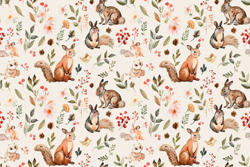 Seamless woodland animal pattern with squirrels, rabbits, and birds on a light background, ideal for children's textiles and wallpaper