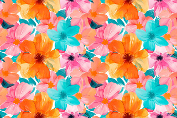 Fototapeta premium Vibrant floral pattern with orange, pink, and turquoise flowers, seamless design perfect for textiles and tiles, featuring colorful and cheerful blossoms
