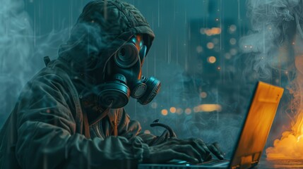 Eerie scene of a man in a gas mask typing on a laptop, surrounded by digital code, mysterious hacker ambiance
