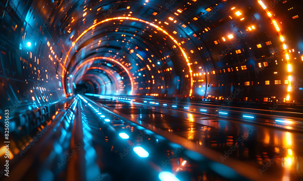 Fototapete Abstract and futuristic image representing global data exchange, featuring a tunnel-like effect with vibrant blue and orange lights, emphasizing high-speed data transfer and advanced technology