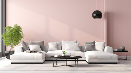 A modern grey sectional sofa set against a soft pastel pink wall, with a sleek glass coffee table and a blank empty white frame mockup.