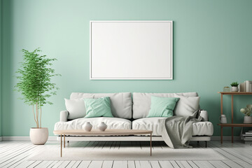 A modern living area in shades of mint green, featuring simple furniture and an empty white frame mockup against the wall.