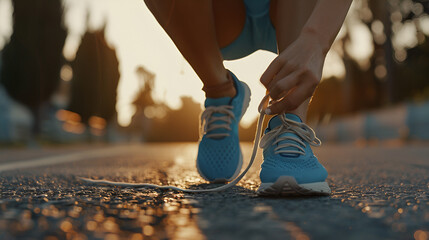 Running shoes close up female athlete tying lace , generative ai