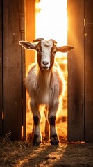 Fototapeta premium A young goat stands in a barn doorway, bathed in warm sunlight, creating a rustic and cozy atmosphere perfect for farm-themed designs.