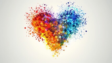 An abstract illustration of a heart made up of rainbow-colored dots, symbolizing love and diversity. The minimalist background allows the vibrant heart to be the focal point.