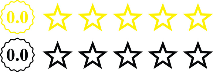 0 star rating, rate us, review vector icon set isolated on white background. icons for game, rating, ui, feedback, website.  Product rating or customer review with gold n black full and half star 