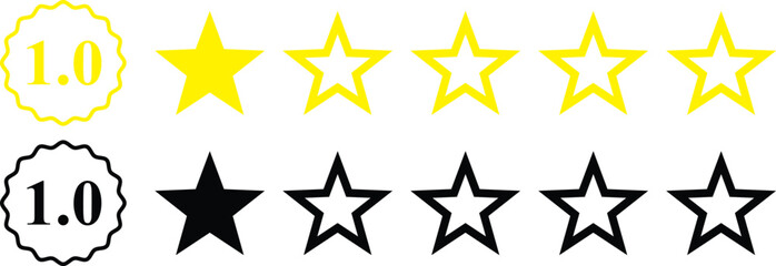 Obraz premium 1 star rating, rate us, review vector icon set isolated on white background. icons for game, rating, ui, feedback, website. Product rating or customer review with gold n black full and half star 