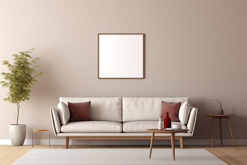 A modern living area in shades of muted olive green, featuring simple furniture and an empty white frame mockup against the wall.