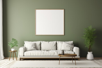 A modern living area in shades of muted olive green, featuring simple furniture and an empty white frame mockup against the wall.