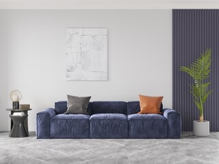 Naklejka premium Mock up of a bright living room with a stylish comfortable sofa and a trendy decorative background, 3D rendering.