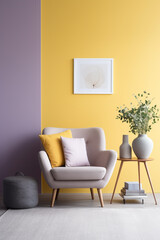 A modern living room featuring a mustard yellow armchair, a glass coffee table, and a blank white frame against a soft lilac wall
