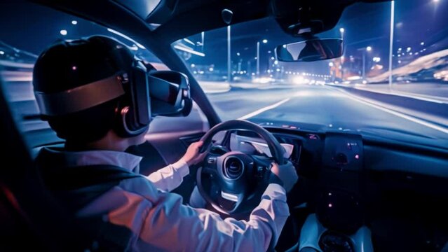 A man is fully immersed in a virtual reality simulation, steering a car through illuminated city streets, experiencing a night driving scenario.