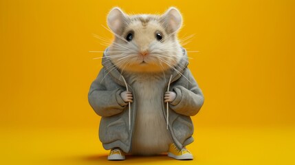 Hamster standing upright on two legs, wearing a grey hoodie with a zipper and yellow sneakers with white laces