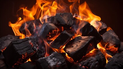 Close-up of burning charcoal with vibrant orange flames, perfect for grilling or heating. Capturing the intense, fiery essence of hot coals. - Powered by Adobe