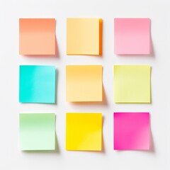 Fototapeta premium Colorful sticky notes arranged in a grid pattern on a white background. Ideal for office or school-themed designs and projects.