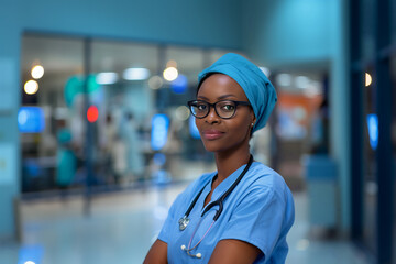 Portrait of a black female woman doctor, wearing glasses, in a blue coat, in a hospital, wearing stethoscope