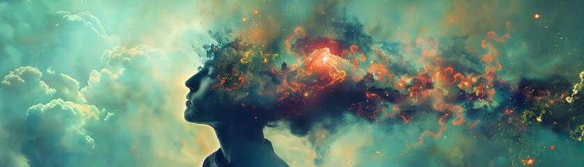 Abstract Silhouette of Woman with Cosmic Hair in Dreamlike Sky