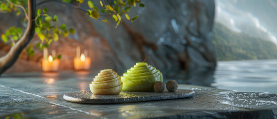 Unreal Engine 3D Creative and Unique Food Presentation, Wet_Texture, Earthy_Color, Spiral_Shape, Minimalist_Presentation, Nested_Serving, Fermented_Ingredient, Gourmet_Cuisine, Warm_Lighting,