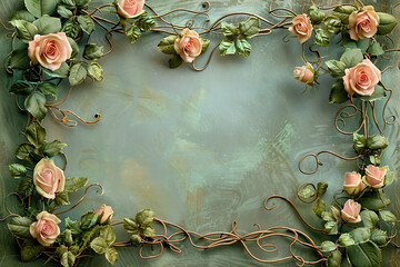 An elegant and detailed painting of intertwined vines with pink roses on a solid background in the style of art nouveau