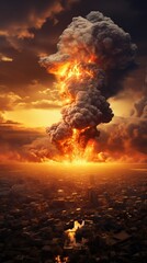 Dramatic explosion over city at sunset, capturing intense fire, smoke, and destruction. Perfect for illustrating disaster and chaos concepts.